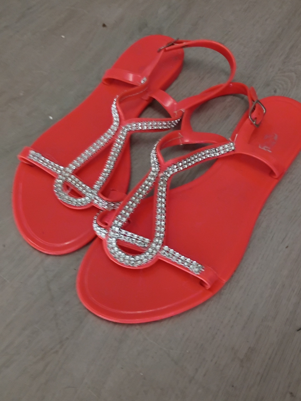 Women's Red Rhinestone T-Strap Slingback Sandals
